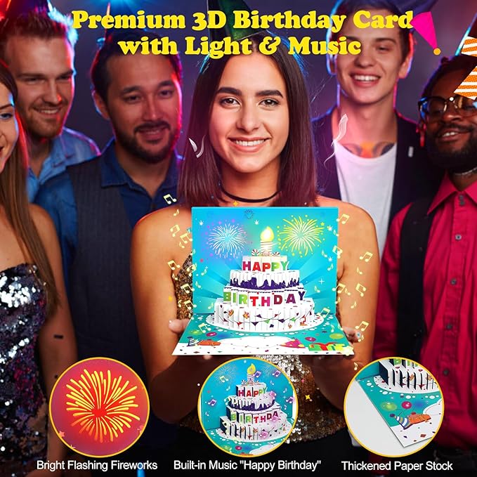 3D Pop-Up Birthday Card with LED Lights & Blowable Candle – Interactive Music Greeting Card for Women, Men, Kids Green