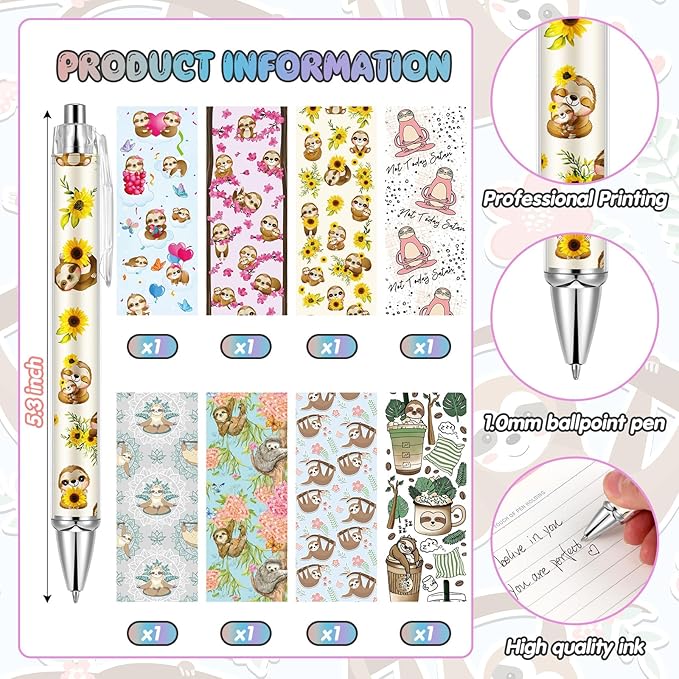 Ireer 8 Pcs Ballpoint Pens for Women 1.00 mm Cute Black Ink Fancy Pens Fine Point Smooth Writing for Journaling Aesthetic Office Supplies(Sloth)