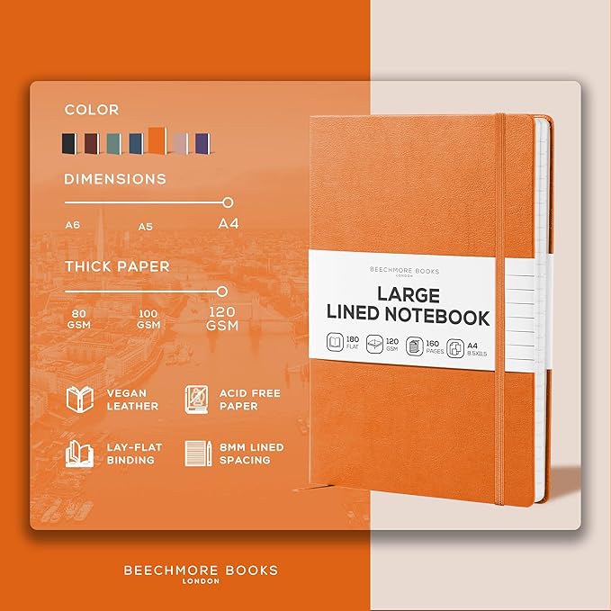 BEECHMORE BOOKS Lined Journal Notebook, 8.5 x 11.5 inch, A4 160 Lined Pages, Hardcover Leather Journals for Women, Men, Writing and Notebooks for Work - 120 GSM Thick Paper, Gifts Box Included