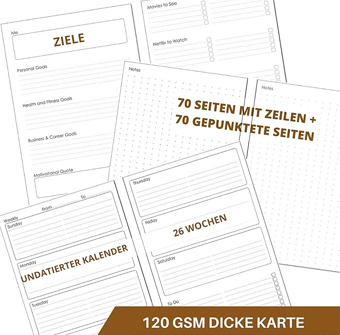 WANDERINGS Refillable A5 Leather Binder Journal - 8.5x6-6 Ring Binder Organizer with Pockets - Hand-Crafted Genuine Leather Folio - Filofax Compatible. 52 Weeks with Notes Section