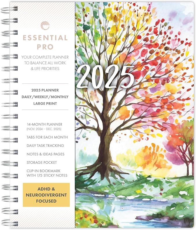 Essential PRO 2025 Daily, Weekly & Monthly Planner, 7"x9": 14 Months (Nov 2024 - Dec 2025) Monthly Tabs,Daily Tracking,Notes Pages,Storage Pocket,Bookmark w Sticky Notes (Tree Seasons)
