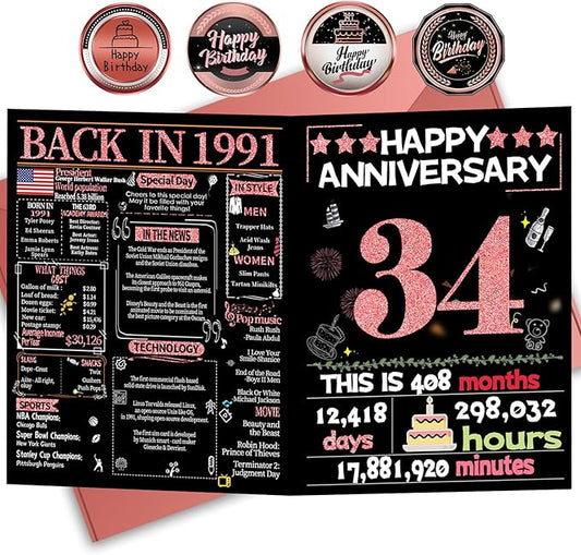 Joycard 34th Anniversary Card for Women, Wedding Card for Wife, Sweet Marriage Decorations Gifts for Couple, Perfect for Her on Anniversary Day, Back in 1991