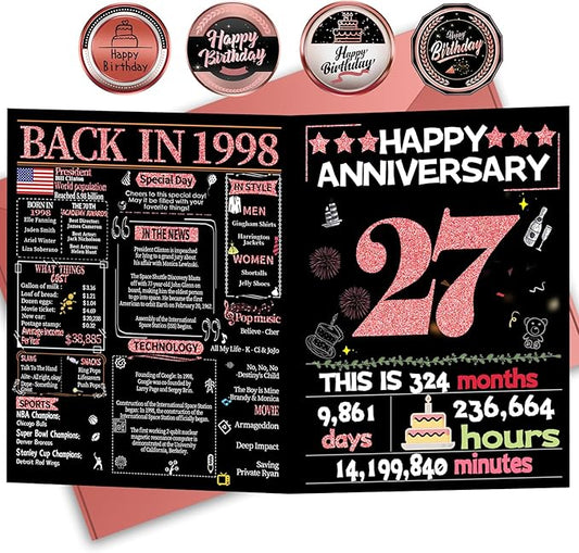 Joycard 27th Anniversary Card for Women, Wedding Card for Wife, Sweet Marriage Decorations Gifts for Couple, Perfect for Her on Anniversary Day, Back in 1998
