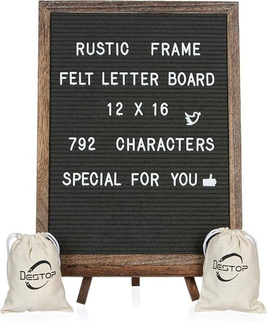 Felt Letter Board with Rustic Vintage Frame and Stand 12x16 inch, Dark Grey Changeable Letter and Message Board Includes 792 Letters, Numbers and Symbols, Hook to Hang, 2 Canvas Bags