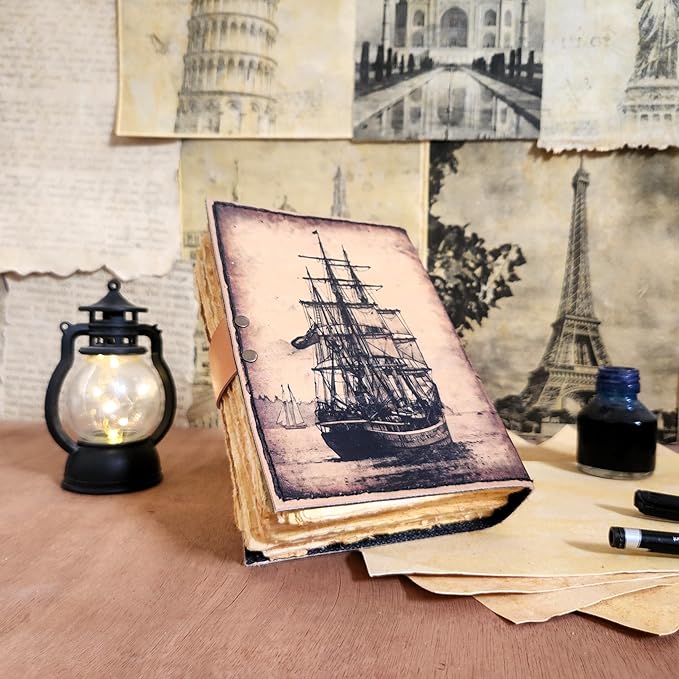 Large Sailing Ship Leather Journal Dairy Notebook Sketchbook | 200 Deckle Papers | C-Shape Lock for Closure (10*7 inch)