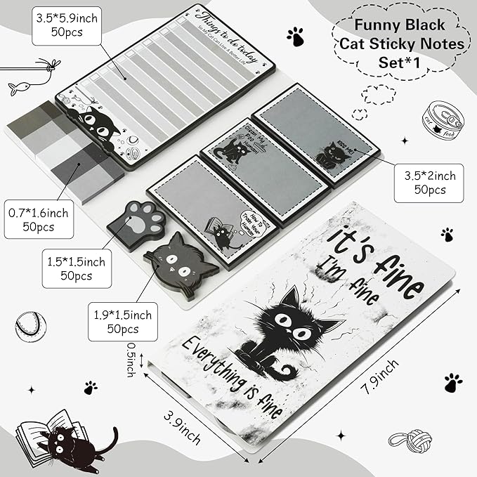 B1ykin Sticky Notes Set - Cartoon Theme Cute Self-Stick Notes Pad Teacher Appreciation Gifts， Self-Adhesive Writing Memo Pages Sticky to Do Notepad for Kids Employee School Office (Funny Black Cat)