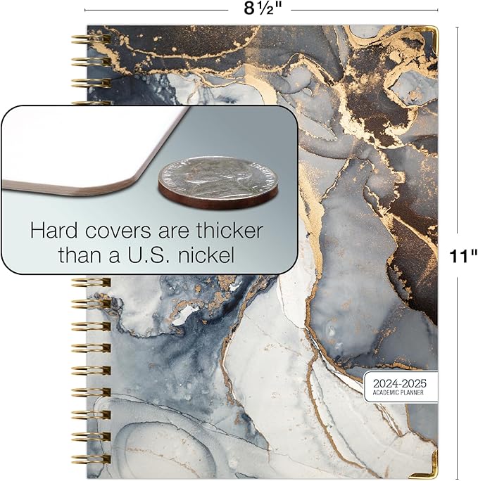 HARDCOVER Academic Year 2024-2025 Planner: (June 2024 Through July 2025) 8.5"x11" Daily Weekly Monthly Planner Yearly Agenda. Bookmark, Pocket Folder and Sticky Note Set (Black Gold Marble)