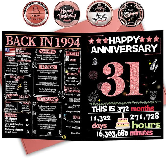 Joycard 31st Anniversary Card for Women, Wedding Card for Wife, Sweet Marriage Decorations Gifts for Couple, Perfect for Her on Anniversary Day, Back in 1994