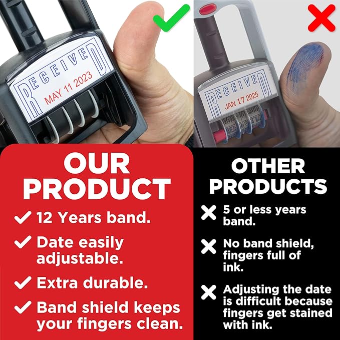 Self-Inking Rubber Date Office Stamp with Scanned Phrase - Red Ink - 12-Year Band