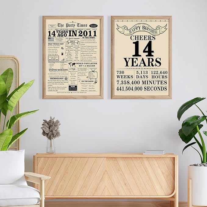 Retro 14th Birthday Card for Girls Boys, Funny 14th Birthday Gift Ideas for Daughter Son, Happy 14 Year Old Bday Decorations for Her Him