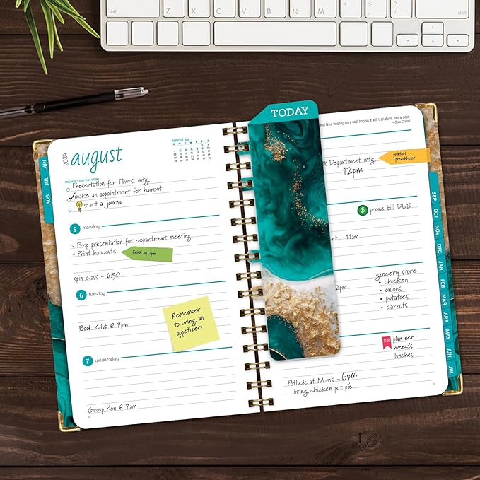 HARDCOVER Academic Year 2024-2025 Planner: (June 2024 Through July 2025) 5.5"x8" Daily Weekly Monthly Planner Yearly Agenda. Bookmark, Pocket Folder and Sticky Note Set (Teal Gold Marble)