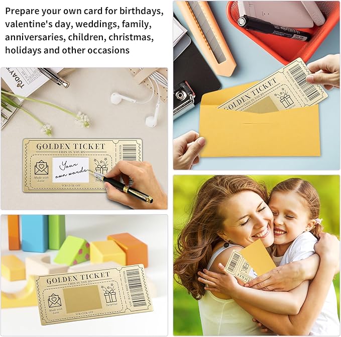 6 Pieces Golden Ticket Scratch-off Cards with Envelopes, Scratch & Reveal Surprise Ticket for Writing Your Own Special for Birthday, Girlfriends, Wives, Valentine's Day Card, Christmas Gift Card