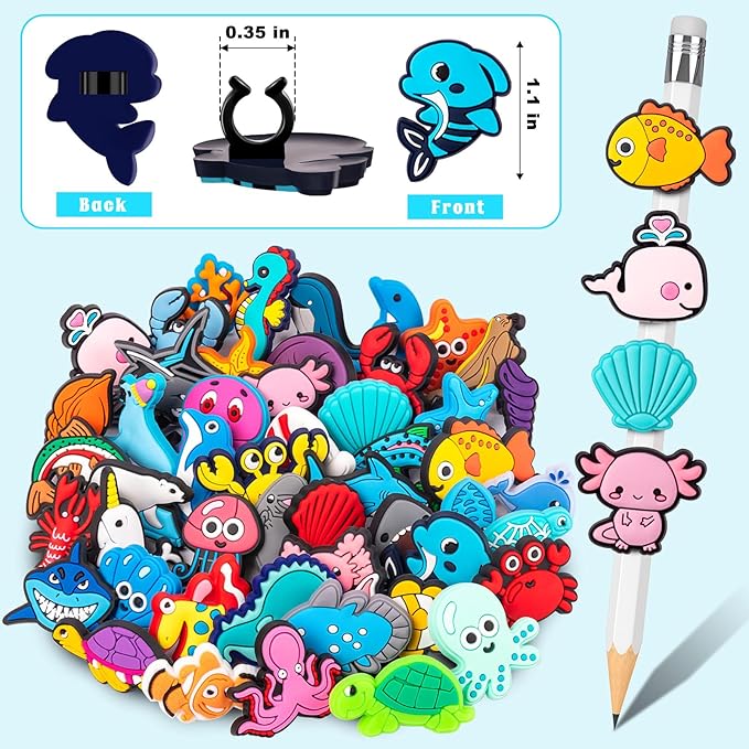 WDAHDHP Pencil Clips for Kids, 50Pcs Different Pencil Clips Topper, Cute Pencil Charms for Kids Students School Gifts Classroom Rewards