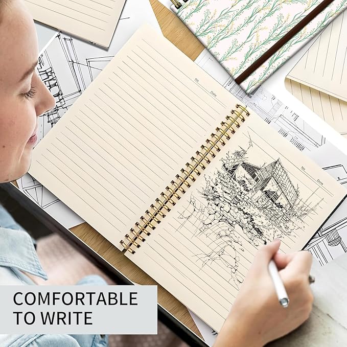 Spiral Journal Notebook, A5 Cute Notebooks for Women Men, College Ruled Hardcover Notebook for Work & Note Taking, 60 Pages Double-Wire Journals for Writing Green White Tree Branch