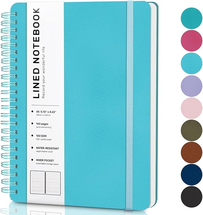 Light Blue Lined Spiral Journal Notebook with 160 Pages, 8×5.7in, A5 Spiral Notebook, Journaling Notebooks for Work, School, Women, Men, College Ruled Spiral Notebook, Hardcover Leather Journals
