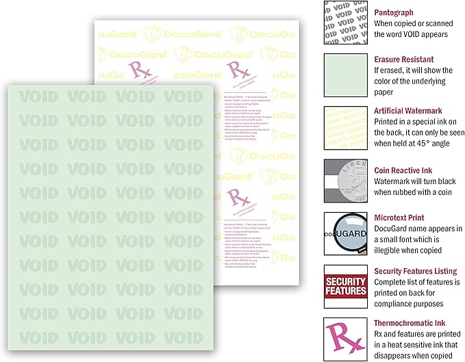 DocuGard Advanced Medical Security Paper for Printing Prescriptions and Preventing Fraud, CMS Approved, 7 Security Features, Laser and Inkjet Safe, Green, 8.5 x 11, 24 lb., 2500 Sheets (04542C)