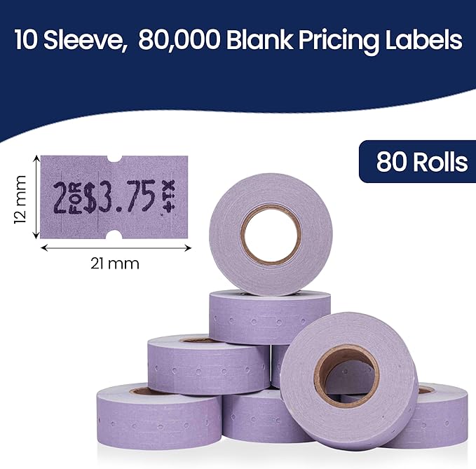 Perco 1 Line Lavender Labels - 80 Rolls, 10 Sleeves, 80,000 Blank Price and Date Gun Labels for Perco 1 Line Price and Date Guns - Made in USA