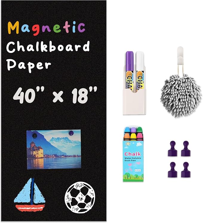 Magnetic Chalkboard Contact Paper for Wall 40" x 18" Self Adhesive Blackboard Wallpaper Peel and Stick Chalk Board Wall Decal Roll with Chalks for Kids Home Playroom Classroom