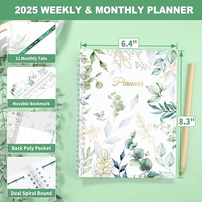 SUNEE 2025 Weekly and Monthly Planner - from January 2025 - December 2025, 6.4" x 8.3" Daily Agenda Planner with Monthly Tab, Flexible Cover, Note Pages, Pockets, Bookmark, Spiral Binding, Eucalyptus
