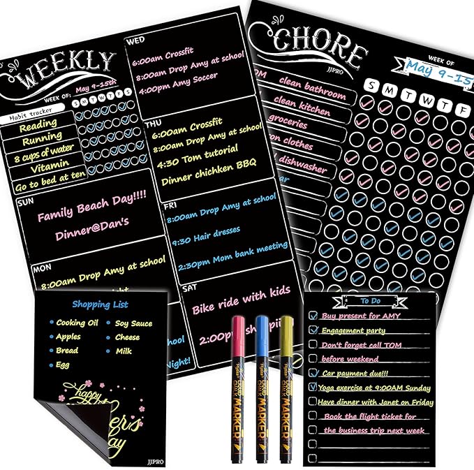 Magnetic Chalkboard Weekly Planner - Reward Chore Chart Blackboard Combo Set with Neon Bright Liquid Chalk Markers - Bonus Grocery List and Notepad Blackboard for Refrigerator Included
