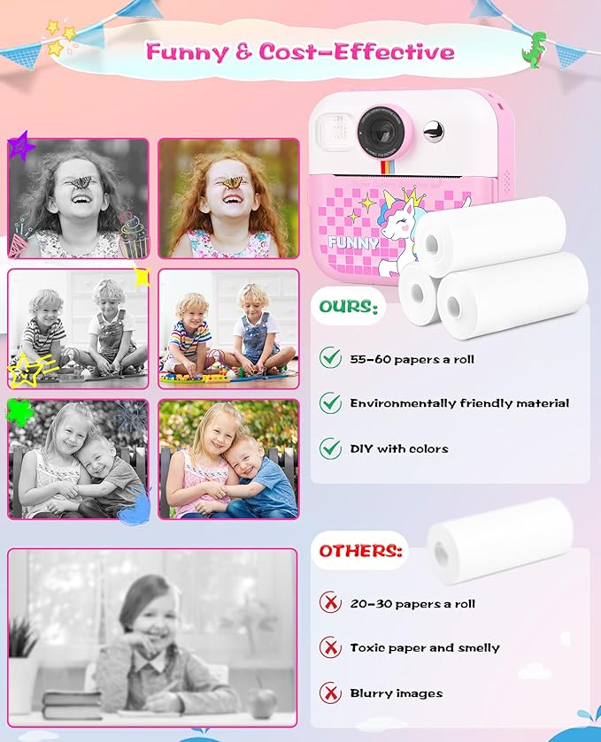 Kids Instant Print Camera, Upgrade Digital Camera for Toddlers Ages 3-12, 1080P HD Video Recorder with 32GB SD Card, 2.4" Screen, Birthday Gifts for 6-10 Year Old Girls Boys