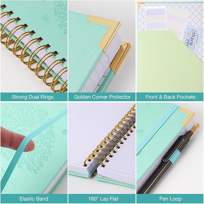 Spiral Notebook, College Ruled Notebook, A5 300 Pages Leather Journals for Writing, 5.7" x 8.5" Hardcover Journaling Notebooks for Work School, 24pcs Tabs, Large Embossed Journal for Women Men, Purple