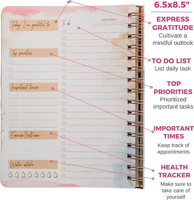 Undated Daily To Do Notebook - Planner Notepad List 6.5x8.5" Cute Colorful Design- Laminated Hard Cover & Rose Gold Spiral Binding- 302 Pages- Daily Task & Lined Notes Pages