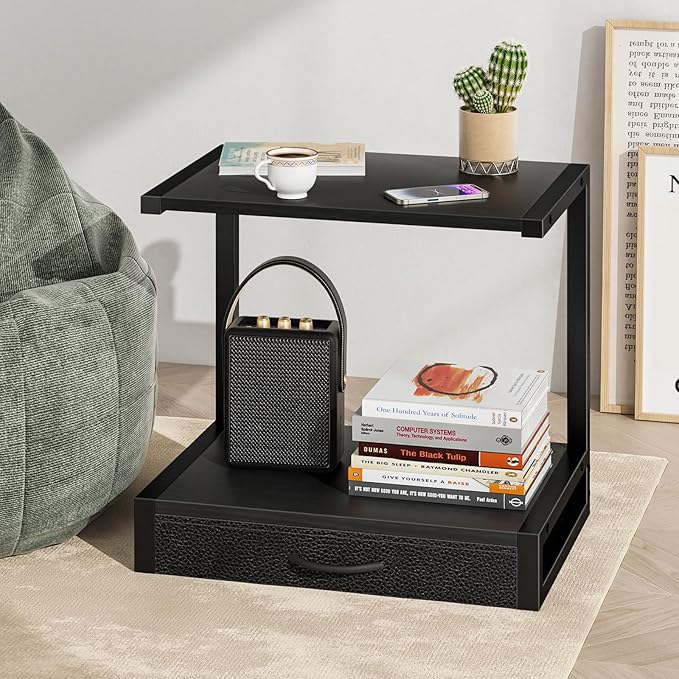 2-Tier Desktop Printer Stand with Fabric Drawer, Prtiner Table with Storage Shelf, Desk Organizer for Home Office,3D Printer,Fax Machine,Scanner, 17.3"x11.8" Black