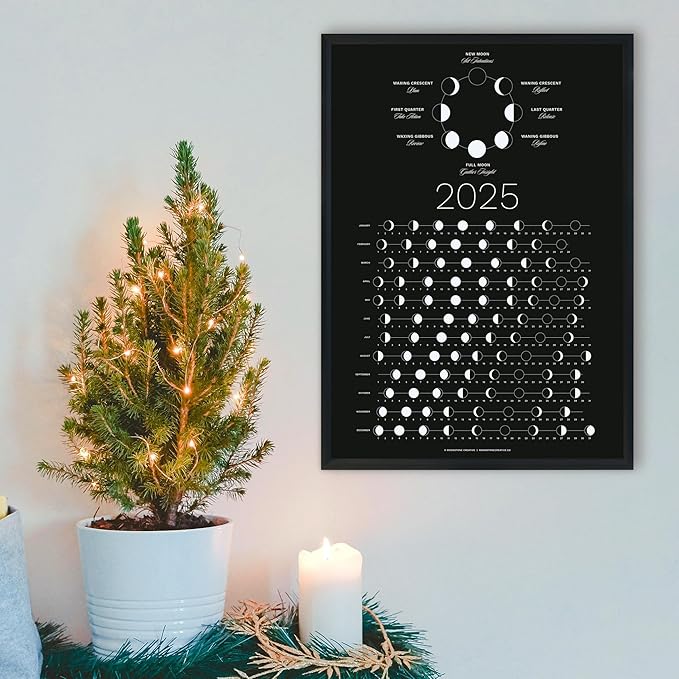 2025 Moon Phase Calendar (SHIPS FLAT) - Hangable Dark Lunar Wall Poster - Great as a Unique Gift, Moon Tracking, Wall Décor & Art, Astrology Decorations - A Celestial Calendar - by Thankful Greetings