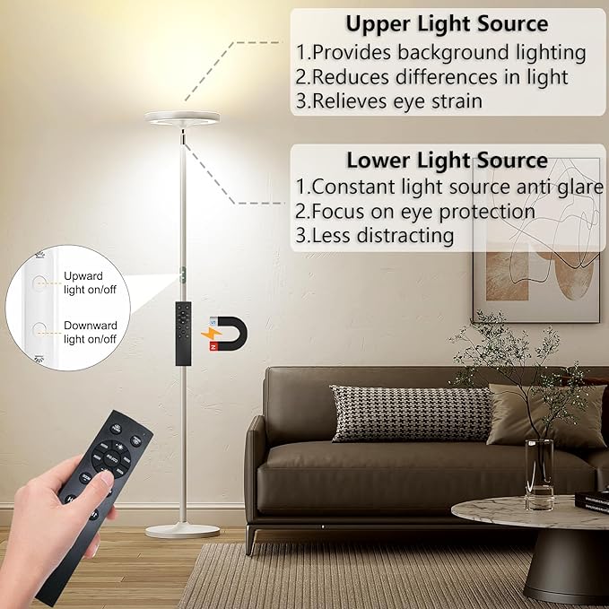 Keepsmile Double Side Lighting White Led Floor Lamp with Remote Smart App 36W 2600LM Bright Tall Standing RGB Angle Multicolor Dimmable Modern Floor Lamps for Living Room Bedroom Office