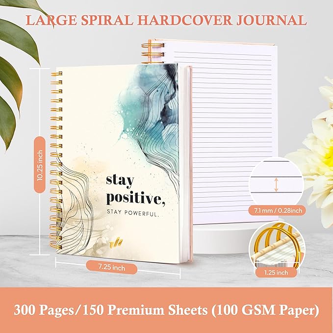 Hardcover Spiral Journal, 10.25" x 7.25", 300 Pages Large College Ruled Notebook for Women, Ideal for Writing, Journaling, Note-Taking, Work, School