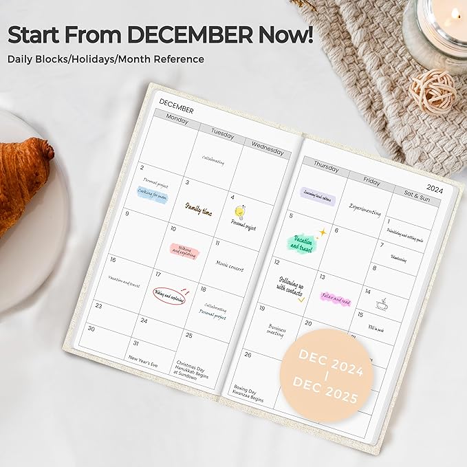 SUNEE 2025 Pocket Weekly Planner for Purse 3.5" x 6" - 12 Month (January 2025 - December 2025), Pocket Size Planner, Hardcover, Notes, Pocket, 100 GSM Paper, Beige