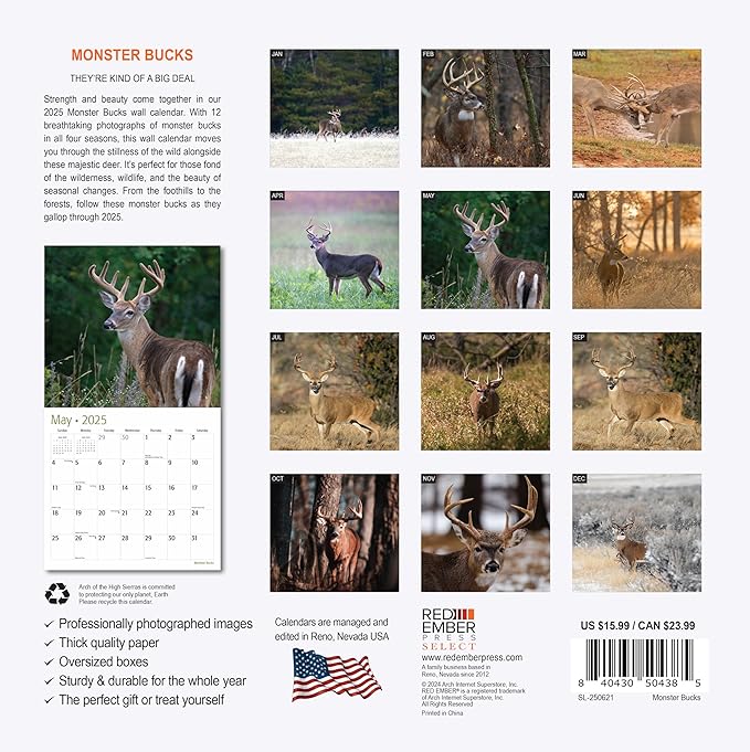 RED EMBER Select - Monster Bucks 2025 Wall Calendar 12 Month | 12" x 24" Open | Thick & Sturdy Paper | Giftable | Calendar 2025