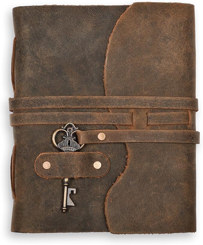 LEATHER VILLAGE Vintage Leather Journal – 200 Handmade Vintage Deckle Edge Paper – Leather bound Journal For Women Men – Vintage Key Closure - Book of Shadows - Chocolate Brown - 10X7 inches