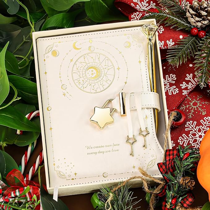 Diary with Lock and Keys for Girls Gift Ideas, 360 Gold Edged Pages Journal for Women, B6 Refillable Notebook for Writing with Pen and Bookmark (Astro White)