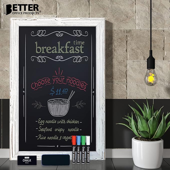 Better Office Products Magnetic Wall Chalkboard, X Large Size 20" x 30", Rustic Wood Frame, Chalkboard Sign, Vertical/Horizontal Wall Mount, Includes 4 Chalk Markers + Chalk and Eraser,(Whitewash)
