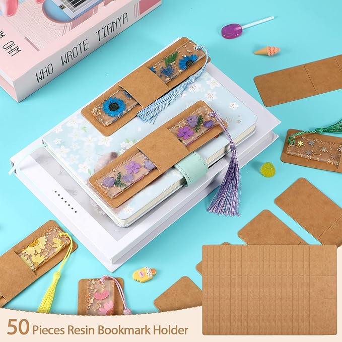 Fumete 50 Pieces Resin Bookmark Holder 5.9 x 1.8 Inches Kraft Sleeves DIY Bookmarks Display Cards for Wrapping Small Business Packaging Supplies Party Favor Gift (Brown, Cute)