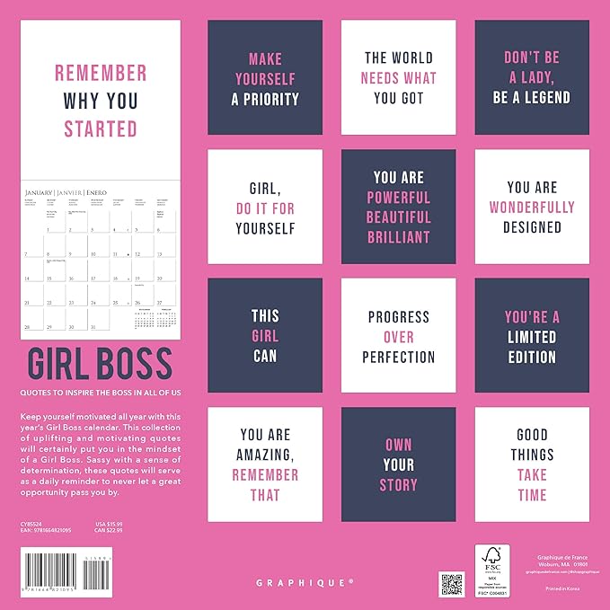 Graphique 2024 Girl Boss Wall Calendar | 12” x 12” | Thick Paper | Home & Office Organizer | Large Monthly Grid | 3 Languages & Marked Holidays | 4 Month Preview Page for 2025