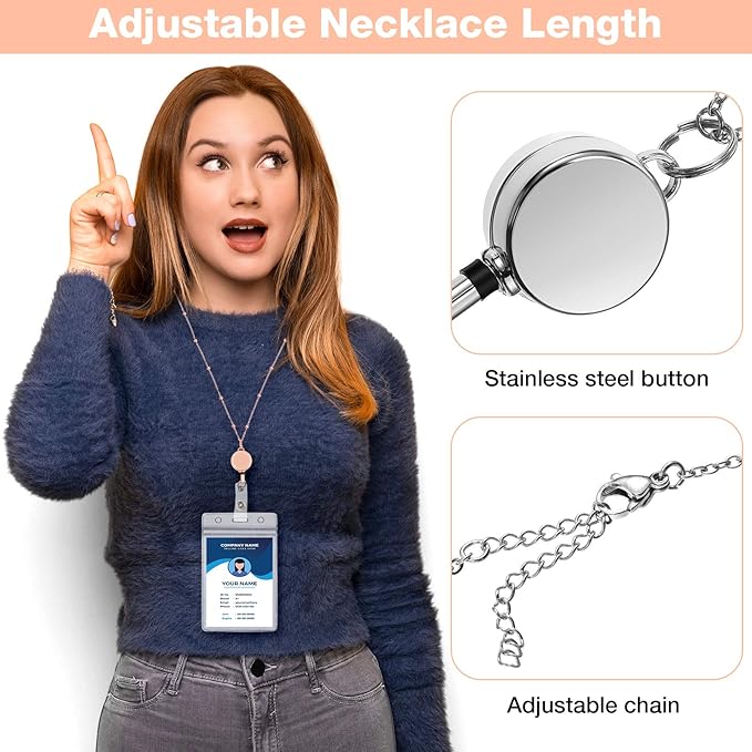 Outus 2 Pieces Badge Lanyard with ID Holders Stainless Steel Badge Holders Necklace Retractable Reel Clip Chain Water Resistant Name(Rose Gold, Silver)