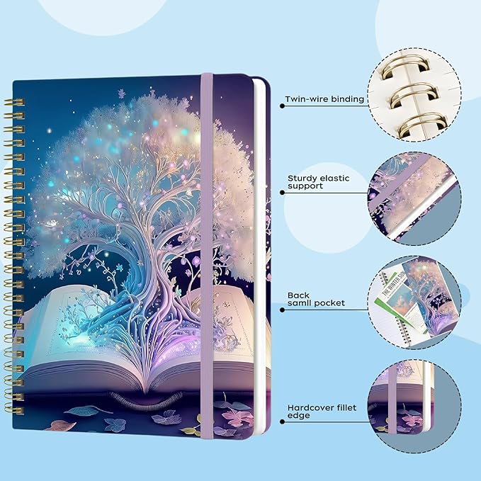 Yoiilifee Spiral Notebook - A5 Spiral Notebooks, 8.3'' × 5.8'', 160 Pages, Aesthetic Journaling Notebooks for Women, College Lined Notebook with Elastic Closure, Back Pocket, for School Office, TreeA