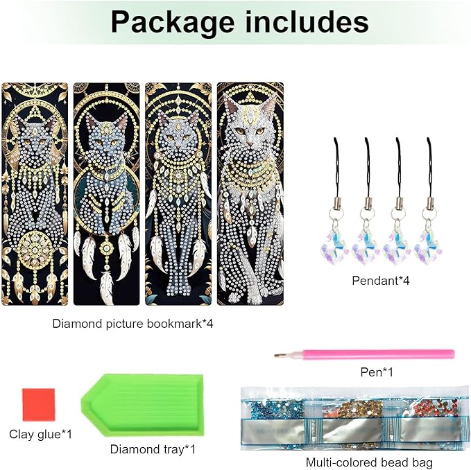 4-Piece Animal Diamond Painting Bookmarks Set for Adults – DIY 5D Rhinestone Art Bookmark Kits with Tassels, Beautiful Diamond Art Bookmarks for Crafts and Gifts, Dreamcatcher Cat