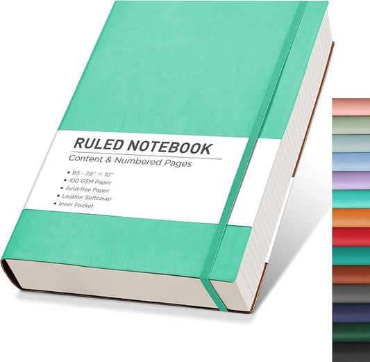 RETTACY Journaling Notebooks, B5 Lined Journal Notebook with 320 Numbered Pages, 7.6" × 10", Medium Size, Journal Notebook for Writing, Work, School, Leather Softcover, 100 GSM Thick Paper (Mint)