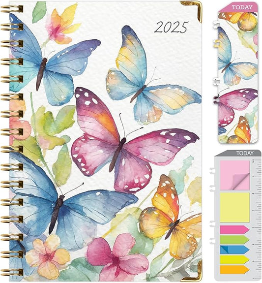 HARDCOVER 2025 Planner, 5.5"x8": 14 Months (November 2024 - December 2025), Daily Weekly Monthly Planner, Yearly Agenda, Bookmark, Pocket Folder and Sticky Note Set (Watercolor Butterflies)