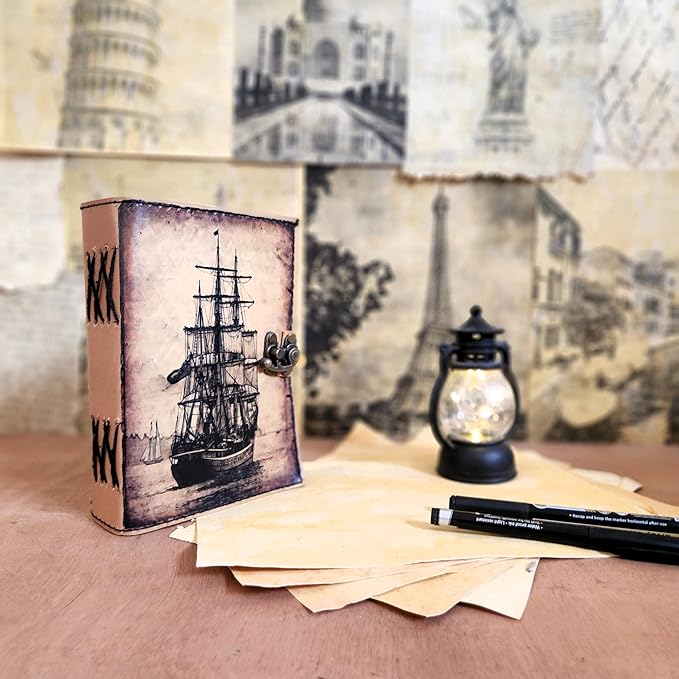 Big Medium Sailing Ship Leather Journal Dairy Notebook Sketchbook | 200 Deckle Papers | C-Shape Lock for Closure (8*6 inch)