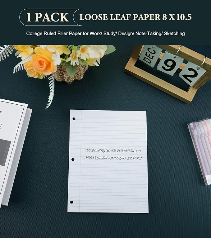 Loose Leaf Paper, 75 Sheets Notebook Lined Paper, 8 x 10.5 College Ruled Filler Paper, 3-Hole Punched Binder Paper for 3-Ring Binders, Double-Side Printed Note Pads for Home, Office, School, 1 Pack