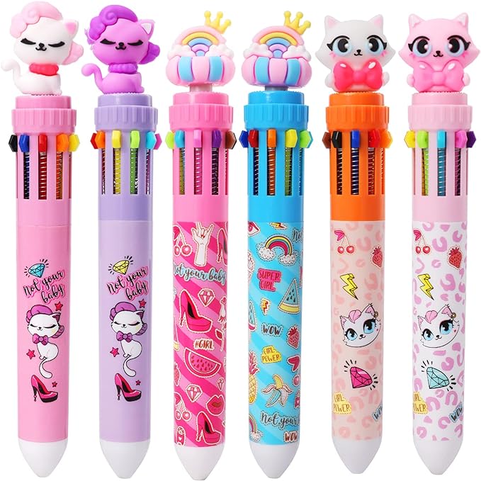 Multicolor Ballpoint Pen 0.7 mm, 10-in-1 Colored Pens Fine Point Retractable Cute Cartoon Cat Ballpoint Pens for Office School Supplies Students Kids Gifts, 6 Pack