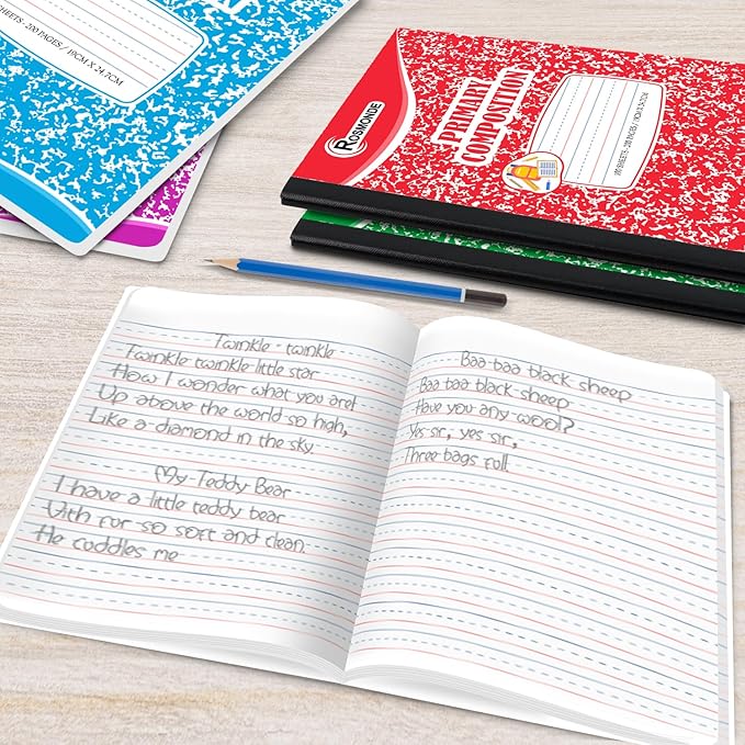Composition Notebooks Primary Ruled 5 Pack, 200 Pages (100 Sheets), Color Marble Composition Notebook, Sewn Binding Hard Cover, Primary Composition Notebook for Kids, Writing Dotted Lined