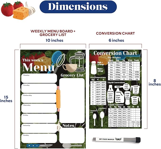 Magnetic Menu Board for Fridge 10-inch x 15-inch Smudge-Free Weekly Meal Planner Magnetic Comes With Conversion Chart and Dry Erase Marker for Dry Erase Menu Board for Fridge by Mommy Marvel