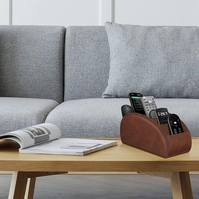 Large Remote Control Holder with 5 Compartments, KENOBEE Anti-slip Desktop Caddy Storage Organizer for Phone, Remote Controllers, Office Supplies, Makeup Brush, Media Accessories,Brown