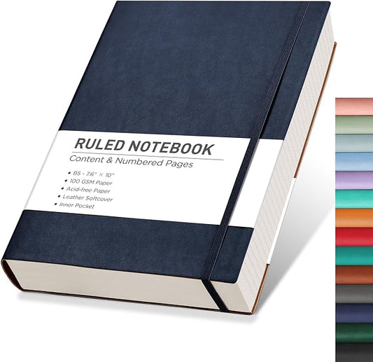 RETTACY Journaling Notebooks, B5 Lined Journal Notebook with 320 Numbered Pages, 7.6" × 10", Medium, Journal Notebook for Writing, Work, School, Leather Softcover, 100 GSM Thick Paper (Navy Blue)